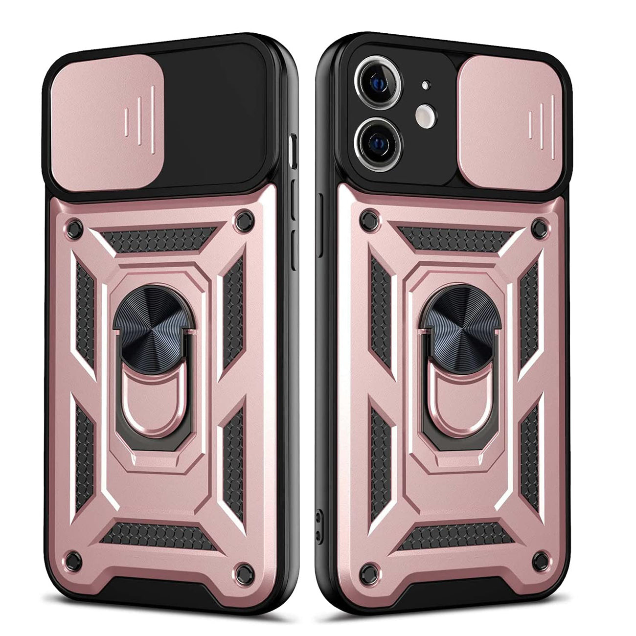 Kickstand Ring Holder with Slide Camera Cover TPU Shockproof Case and Magnetic Car Mount for APPLE IPHONE 12/IPHONE 12 PRO In Rose Gold